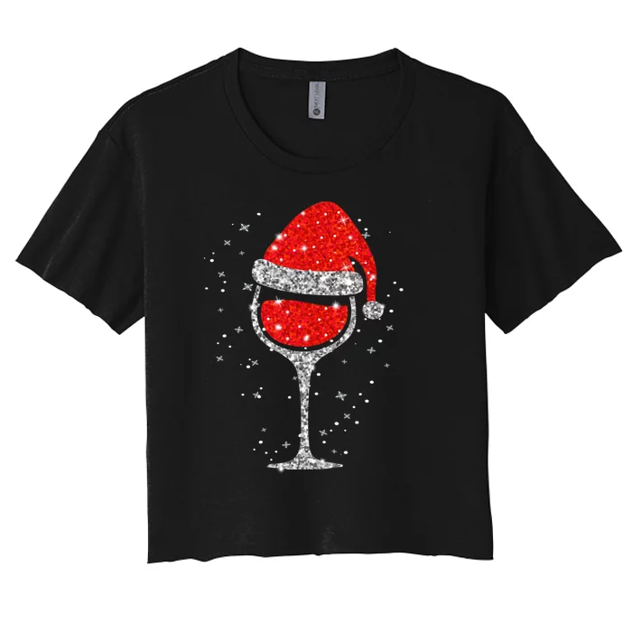 Christmas Wine Glass Snowflakes Santa Hat Red Wine Women's Crop Top Tee