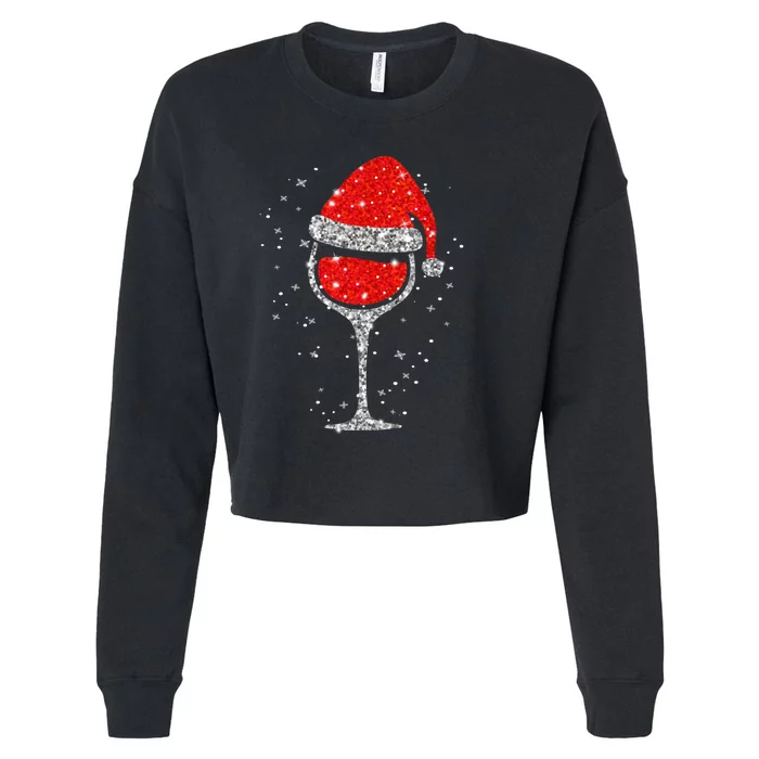 Christmas Wine Glass Snowflakes Santa Hat Red Wine Cropped Pullover Crew