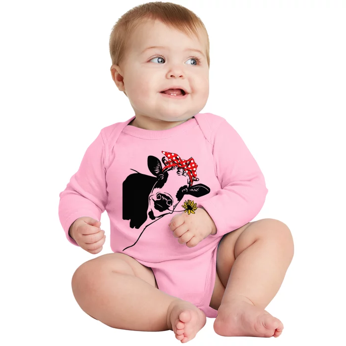 Cute Women Girl Heifer Cow With Bandana Headband And Glasses Baby Long Sleeve Bodysuit