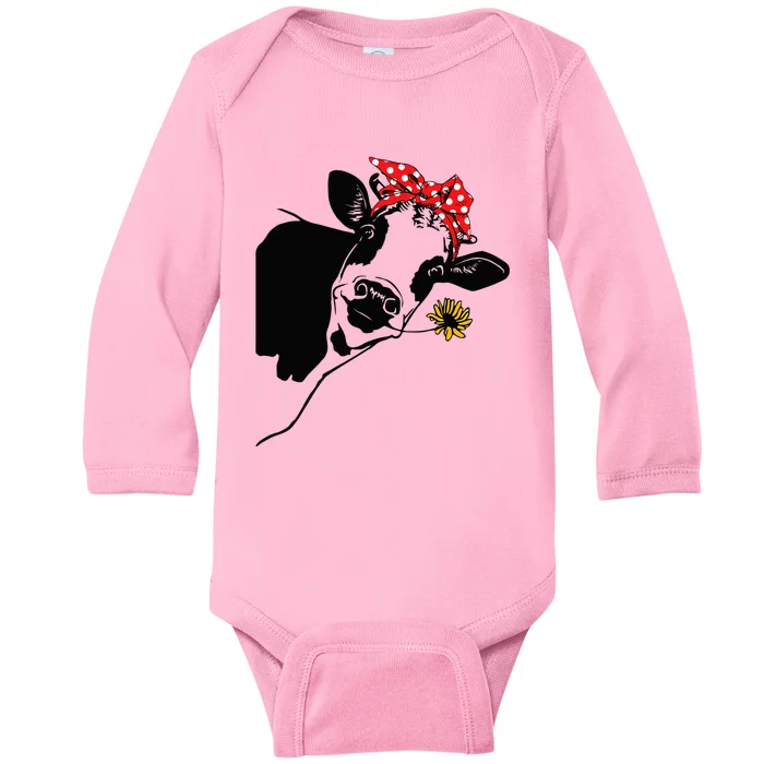 Cute Women Girl Heifer Cow With Bandana Headband And Glasses Baby Long Sleeve Bodysuit