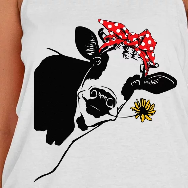 Cute Women Girl Heifer Cow With Bandana Headband And Glasses Women's Knotted Racerback Tank