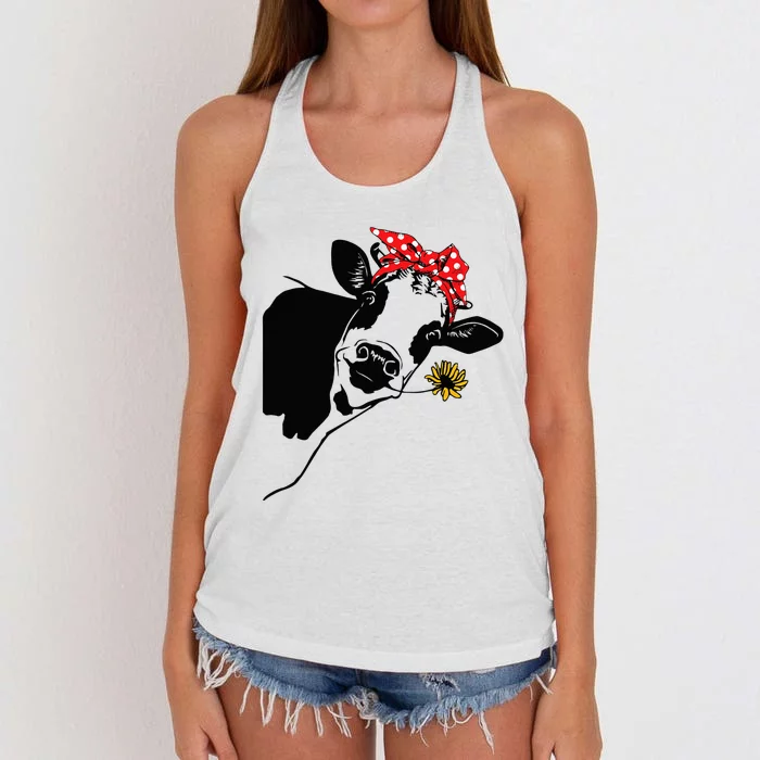 Cute Women Girl Heifer Cow With Bandana Headband And Glasses Women's Knotted Racerback Tank