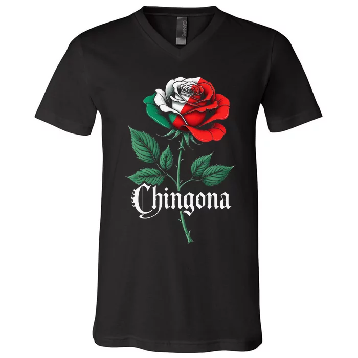 Chingona Women Girl Mexico Mexican Independence Day Flag Gift V-Neck T-Shirt