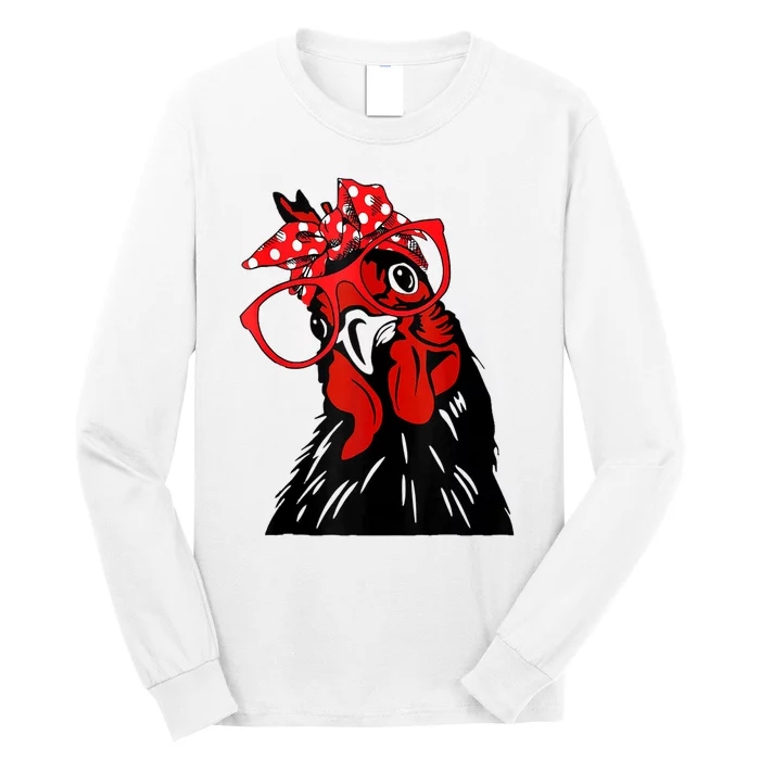 Cute Women Girl Chicken With Bandana Headband And Glasses Long Sleeve Shirt