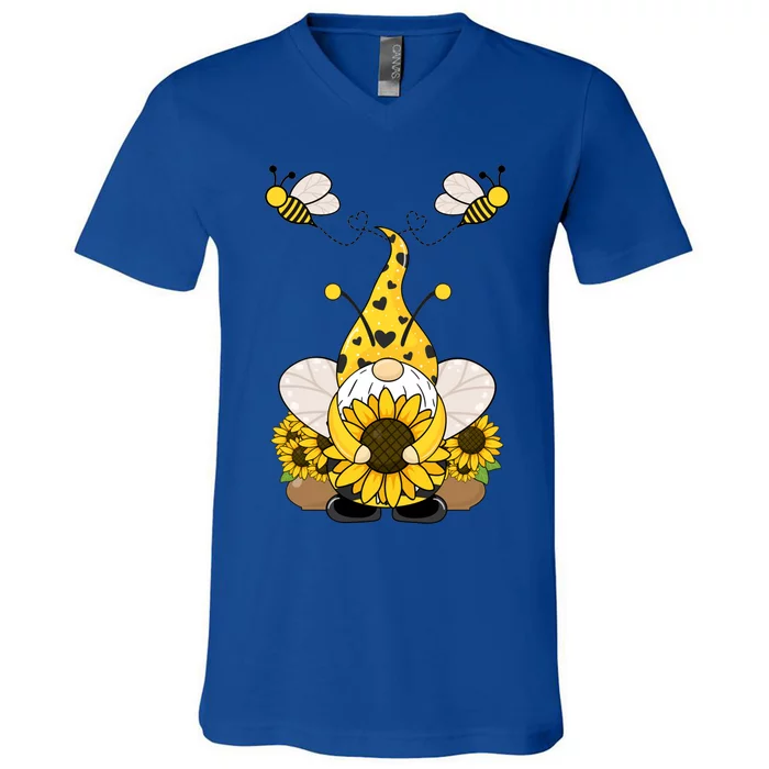 Cute Winged Gnome Summer Gnome Sunflower Gnome And Bee Gift V-Neck T-Shirt