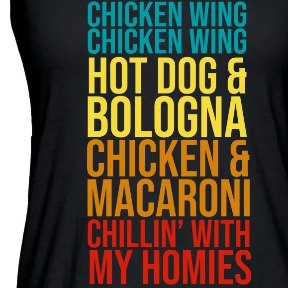 Chicken Wing Hot Dog Macaroni and Chilin With My Homies Ladies Essential Flowy Tank