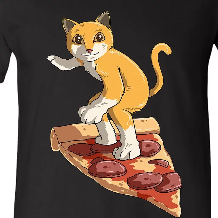 Cat Wearing Helmet Surfing On Pizza Surfboard V-Neck T-Shirt