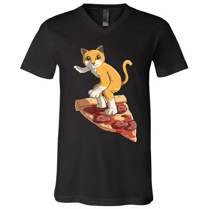 Cat Wearing Helmet Surfing On Pizza Surfboard V-Neck T-Shirt