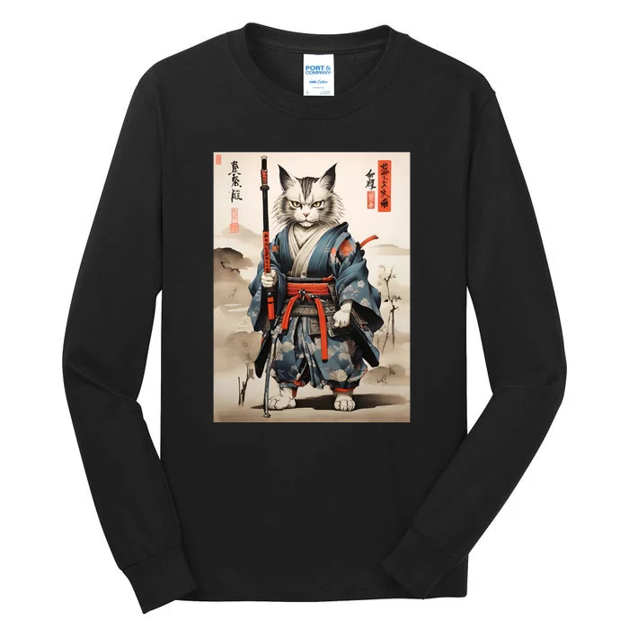 Cat Warrior Japanese Woodblock Tall Long Sleeve T-Shirt