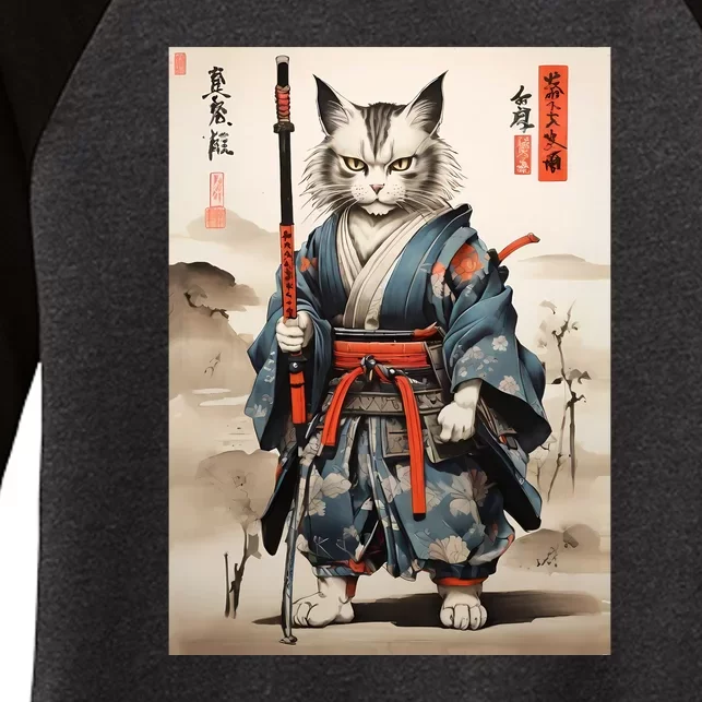 Cat Warrior Japanese Woodblock Women's Tri-Blend 3/4-Sleeve Raglan Shirt