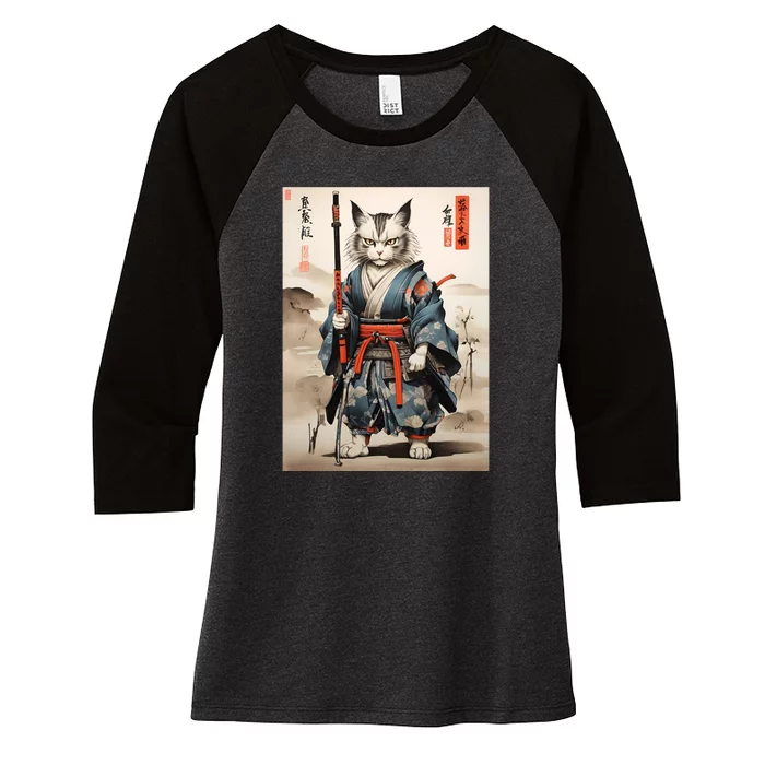 Cat Warrior Japanese Woodblock Women's Tri-Blend 3/4-Sleeve Raglan Shirt