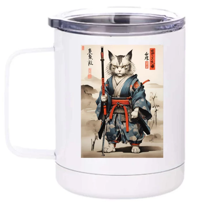 Cat Warrior Japanese Woodblock Front & Back 12oz Stainless Steel Tumbler Cup