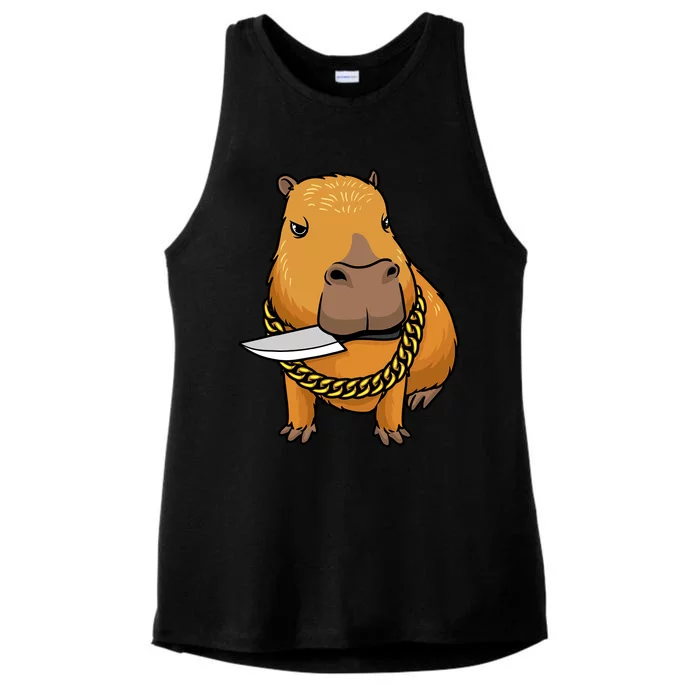 Capybara With Knife Funny Rodent Ladies Tri-Blend Wicking Tank