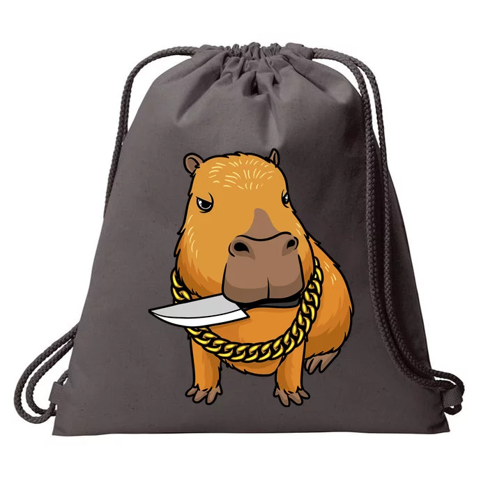 Capybara With Knife Funny Rodent Drawstring Bag