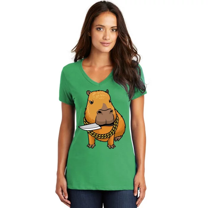 Capybara With Knife Funny Rodent Women's V-Neck T-Shirt