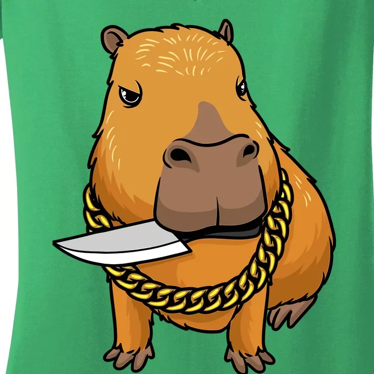 Capybara With Knife Funny Rodent Women's V-Neck T-Shirt