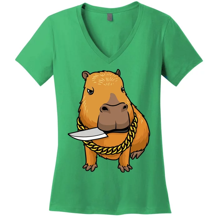 Capybara With Knife Funny Rodent Women's V-Neck T-Shirt