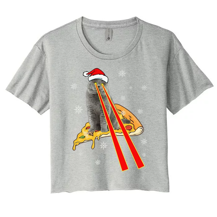 Cat With Laser Eyes Funny Pizza Cat Christmas Women's Crop Top Tee