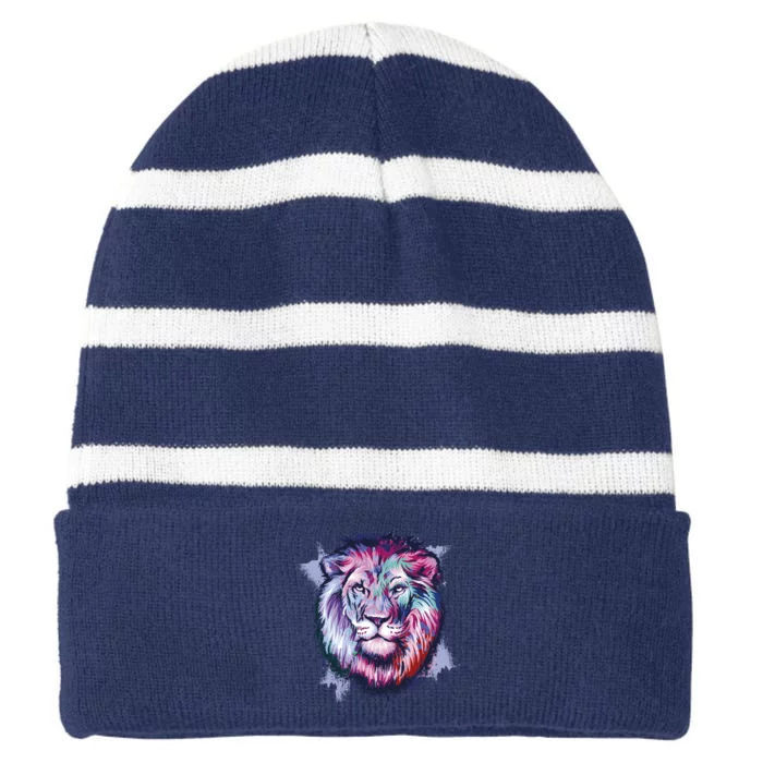 Colorful Wild Lion Striped Beanie with Solid Band