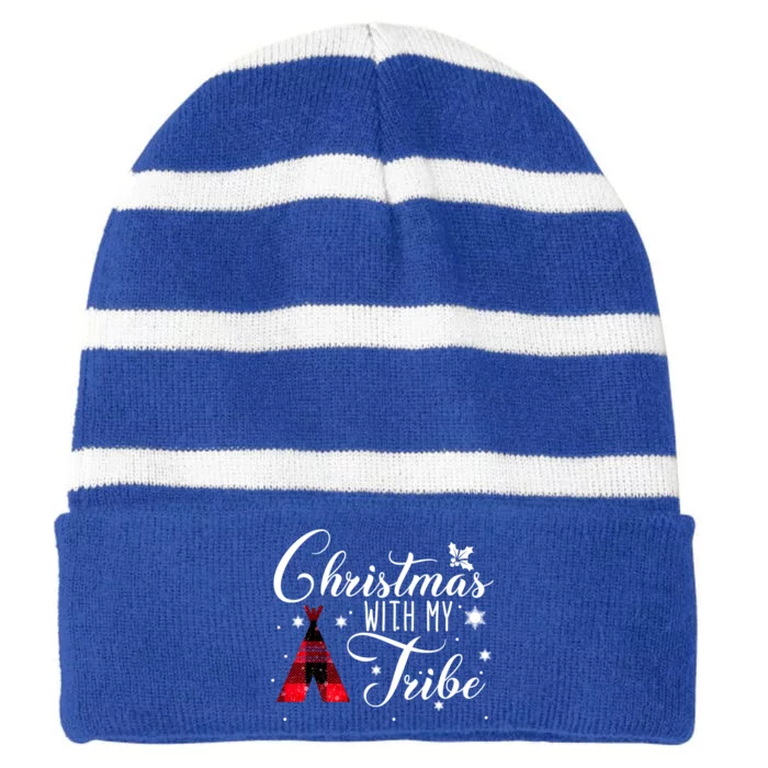 Christmas With My Tribe Red Plaid Family Matching Outfit Gift Striped Beanie with Solid Band