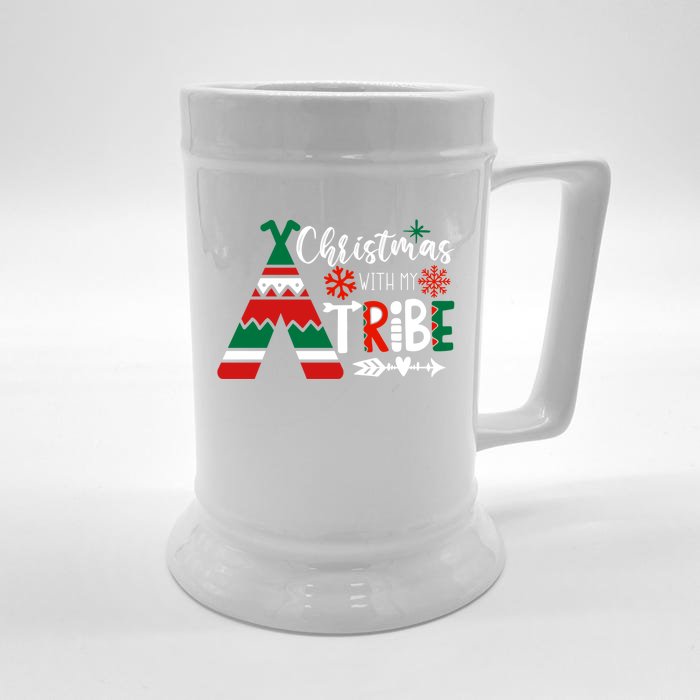 Christmas With My Tribe Red Plaid Family Matching Outfit Gift Front & Back Beer Stein