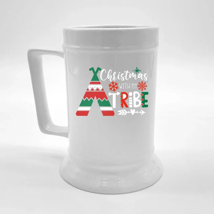 Christmas With My Tribe Red Plaid Family Matching Outfit Gift Front & Back Beer Stein