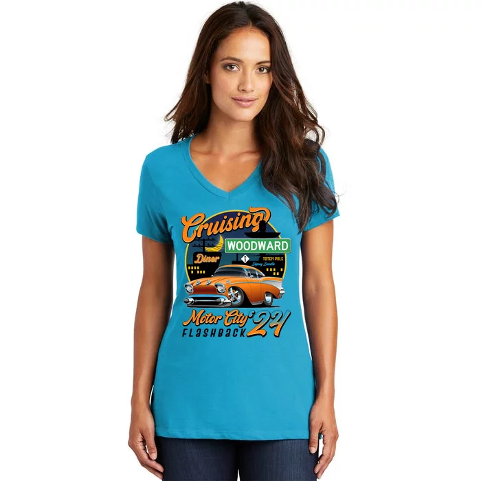 Cruising Woodward Motor City Flashback 2024 Orange Version Women's V-Neck T-Shirt