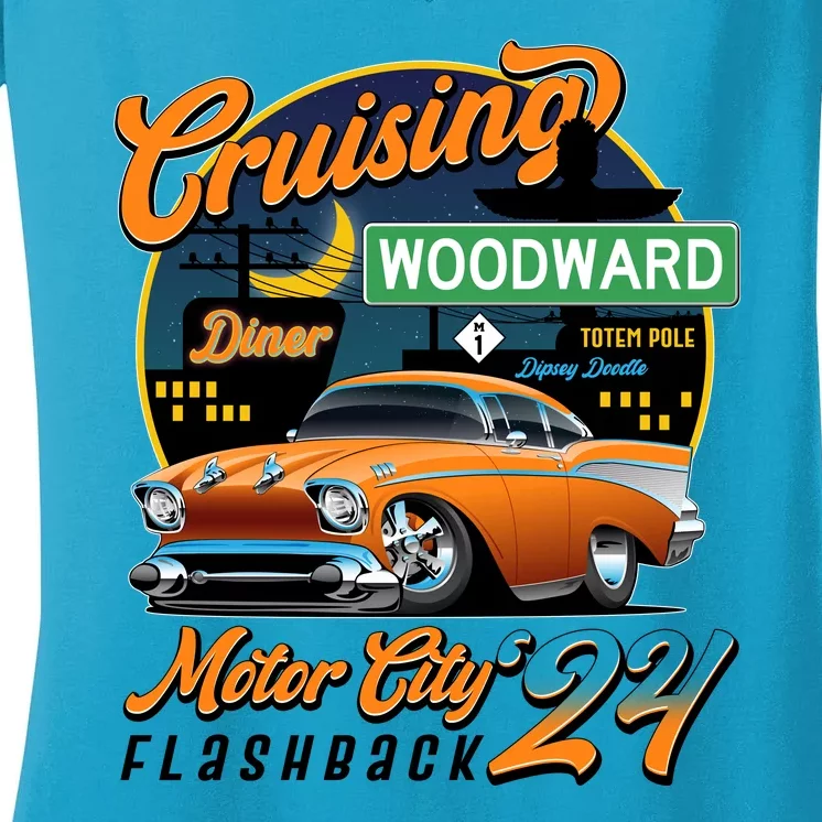 Cruising Woodward Motor City Flashback 2024 Orange Version Women's V-Neck T-Shirt