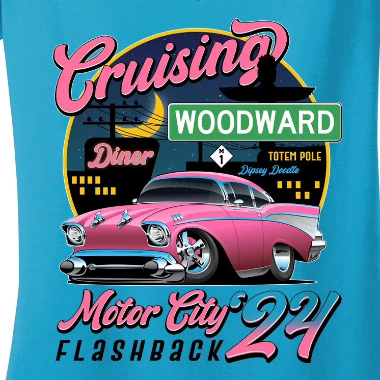 Cruising Woodward Motor City Flashback 2024 Pink Version Women's V-Neck T-Shirt