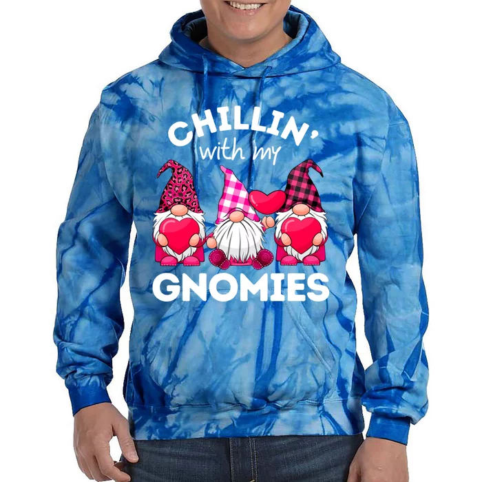 Chillin With My Gnomies Valentines Day Gnomes Leopard Plaid Gift Tie Dye Hoodie