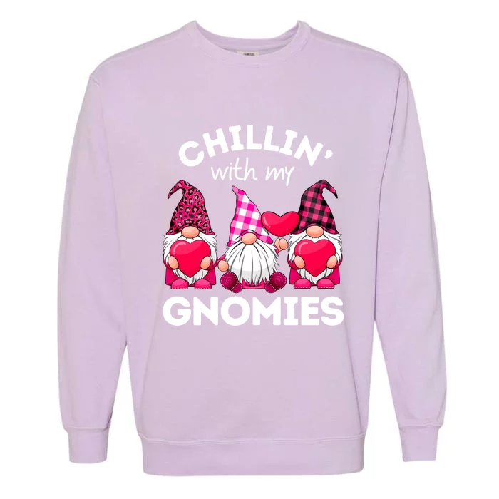 Chillin With My Gnomies Valentines Day Gnomes Leopard Plaid Gift Garment-Dyed Sweatshirt