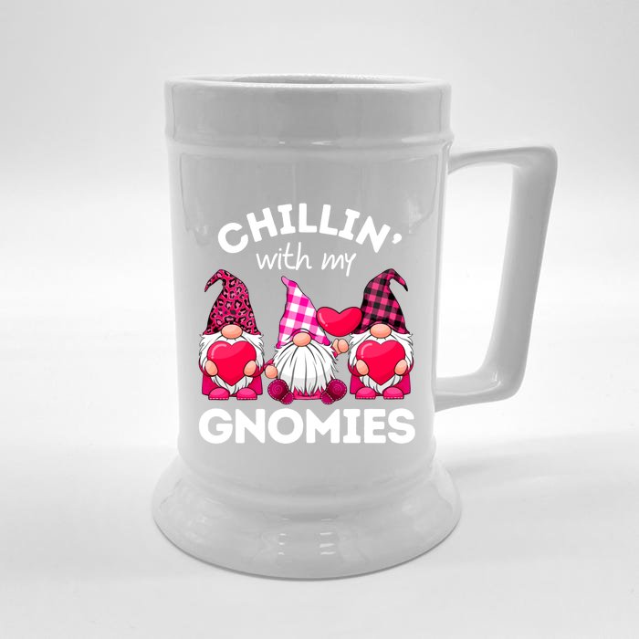 Chillin With My Gnomies Valentines Day Gnomes Leopard Plaid Gift Front & Back Beer Stein