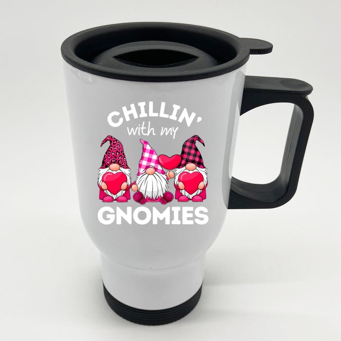 Chillin With My Gnomies Valentines Day Gnomes Leopard Plaid Gift Front & Back Stainless Steel Travel Mug