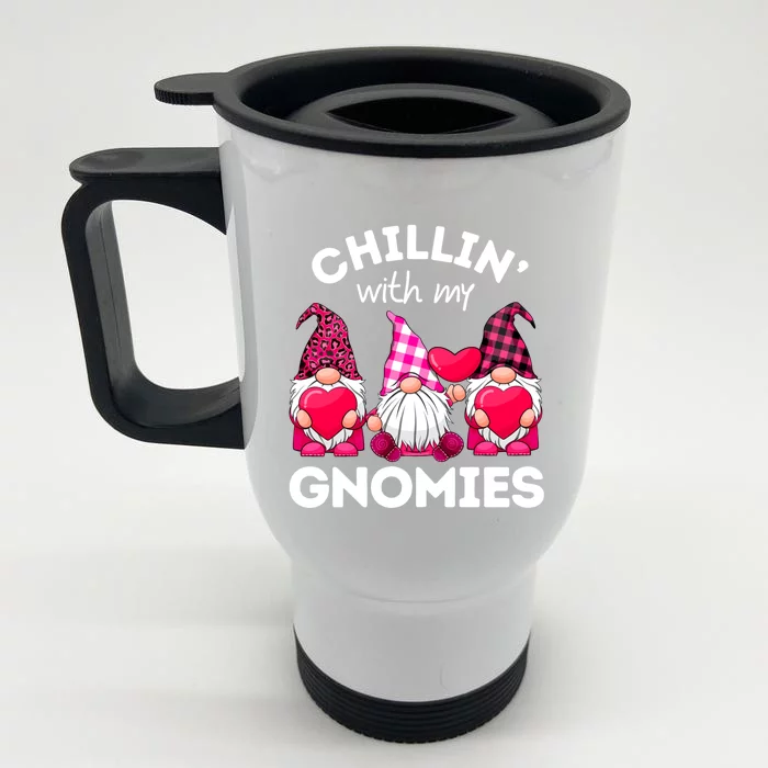 Chillin With My Gnomies Valentines Day Gnomes Leopard Plaid Gift Front & Back Stainless Steel Travel Mug