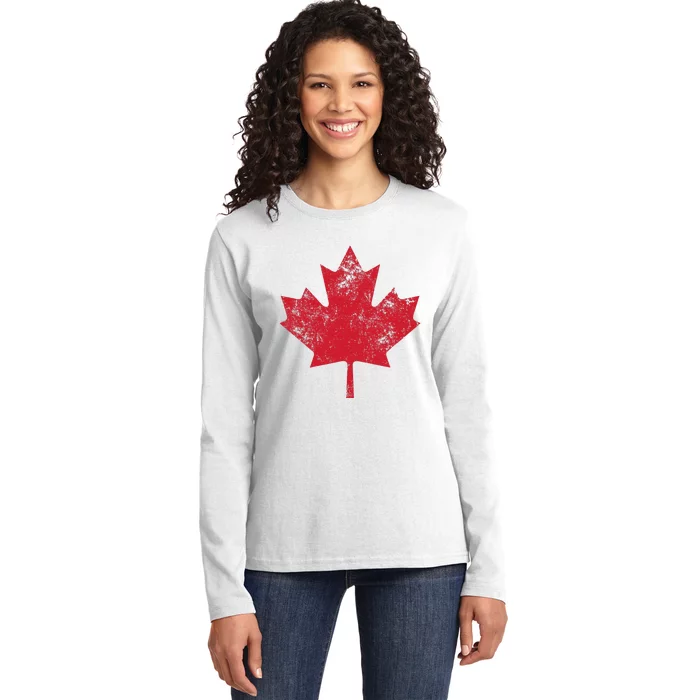 Canada Women Men Distressed Red Maple Leaf Canada Day Ladies Long Sleeve Shirt