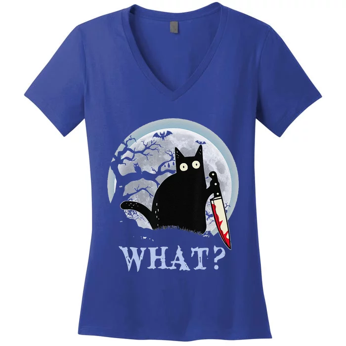 Cat What Murderous Black Cat With Knife Halloween Costume Women's V-Neck T-Shirt