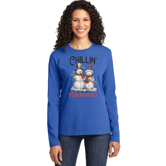 Chillin With My Snowmies Two Happy Smiling Vintage Snow Great Gift Ladies Long Sleeve Shirt