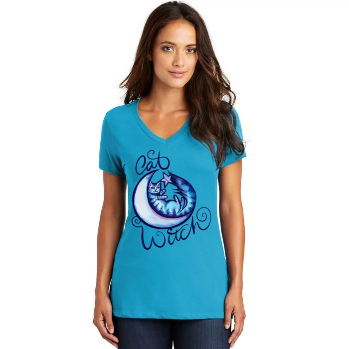 Cat Witch Moon Art Moon Gift Women's V-Neck T-Shirt