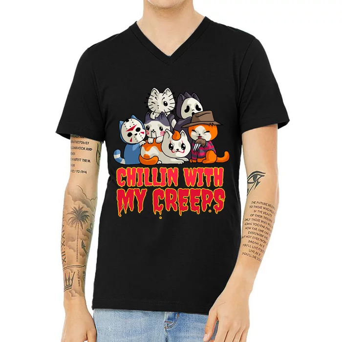 Chillin With My Creeps Funny Cat Horror Movies Serial Killer V-Neck T-Shirt