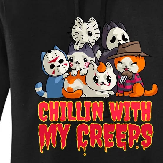 Chillin With My Creeps Funny Cat Horror Movies Serial Killer Women's Pullover Hoodie