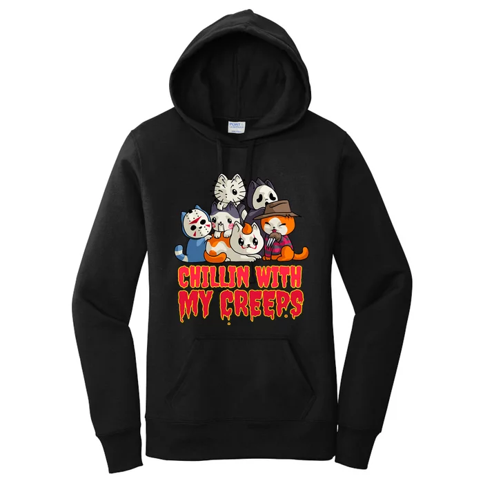 Chillin With My Creeps Funny Cat Horror Movies Serial Killer Women's Pullover Hoodie