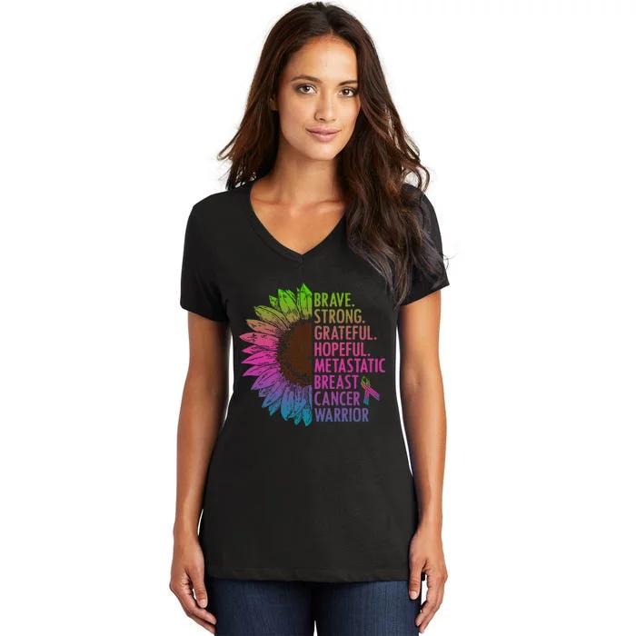 Care Warrior Metastatic Breast Cancer Ribbon Awareness Women's V-Neck T-Shirt