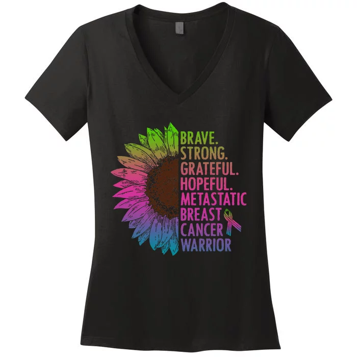 Care Warrior Metastatic Breast Cancer Ribbon Awareness Women's V-Neck T-Shirt