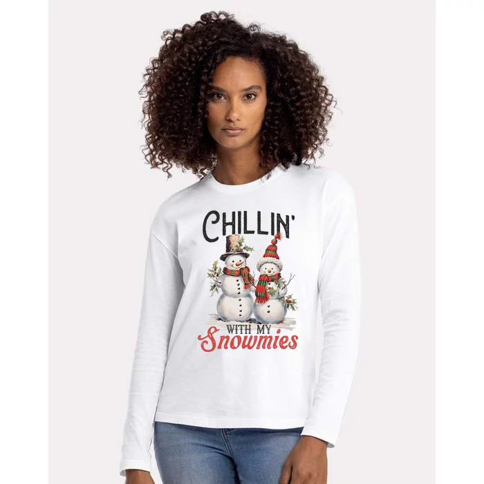 Chillin With My Snowmies | Vintage Christmas Snowmen Womens Cotton Relaxed Long Sleeve T-Shirt