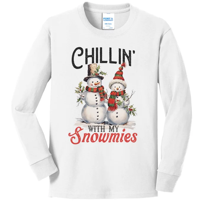 Chillin With My Snowmies | Vintage Christmas Snowmen Kids Long Sleeve Shirt