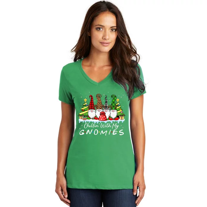 Chillin With My Gnomies Funny Christmas Family Friend Gnomes Women's V-Neck T-Shirt