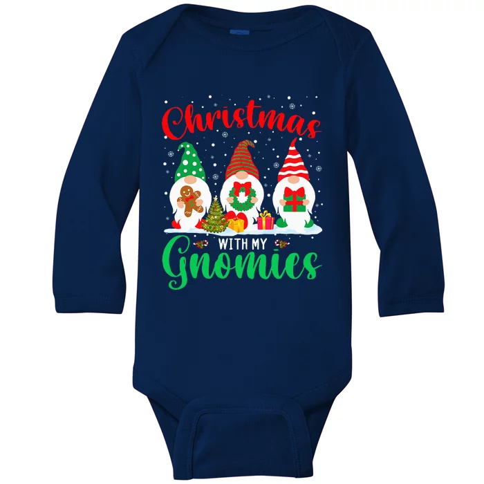 Christmas With My Gnomies Funny Christmas Santa Elf Gnomes Baby Long Sleeve Bodysuit