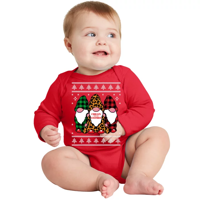 Chillin With My Gnomies Gnomes In Pajamas Ugly Christmas Baby Long Sleeve Bodysuit