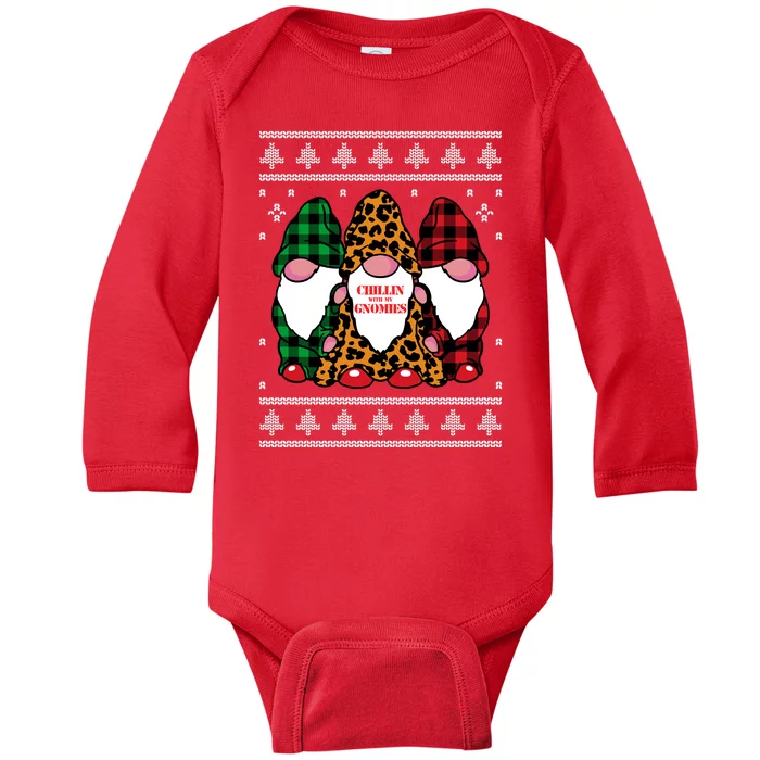 Chillin With My Gnomies Gnomes In Pajamas Ugly Christmas Baby Long Sleeve Bodysuit