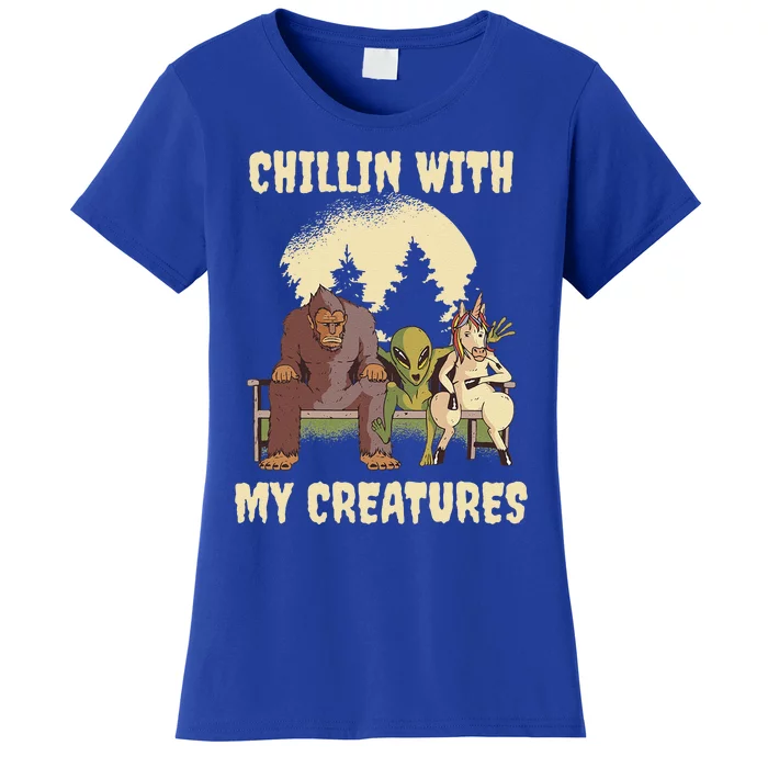 Chillin With My Creatures Bigfoot Alien Unicorn Halloween Women's T-Shirt